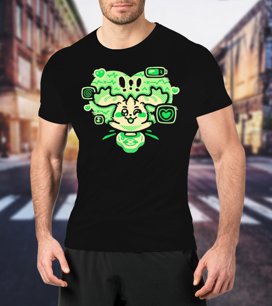 Terriermon Digimon Iconic Green Heartbeat Motif With Digital Symbols T-Shirt