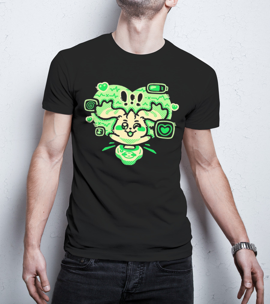 Terriermon Digimon Iconic Green Heartbeat Motif With Digital Symbols T-Shirt
