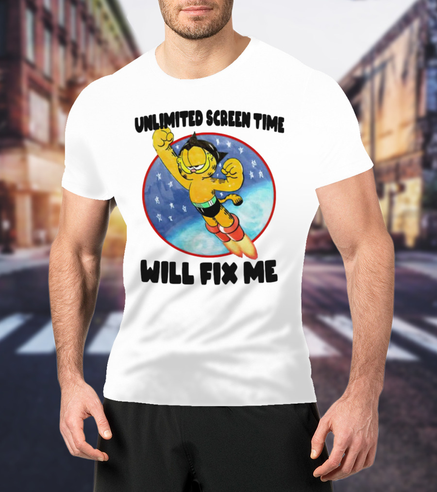 Unlimited Screen Time Will Fix Me Garfield Superhero Flight T-Shirt