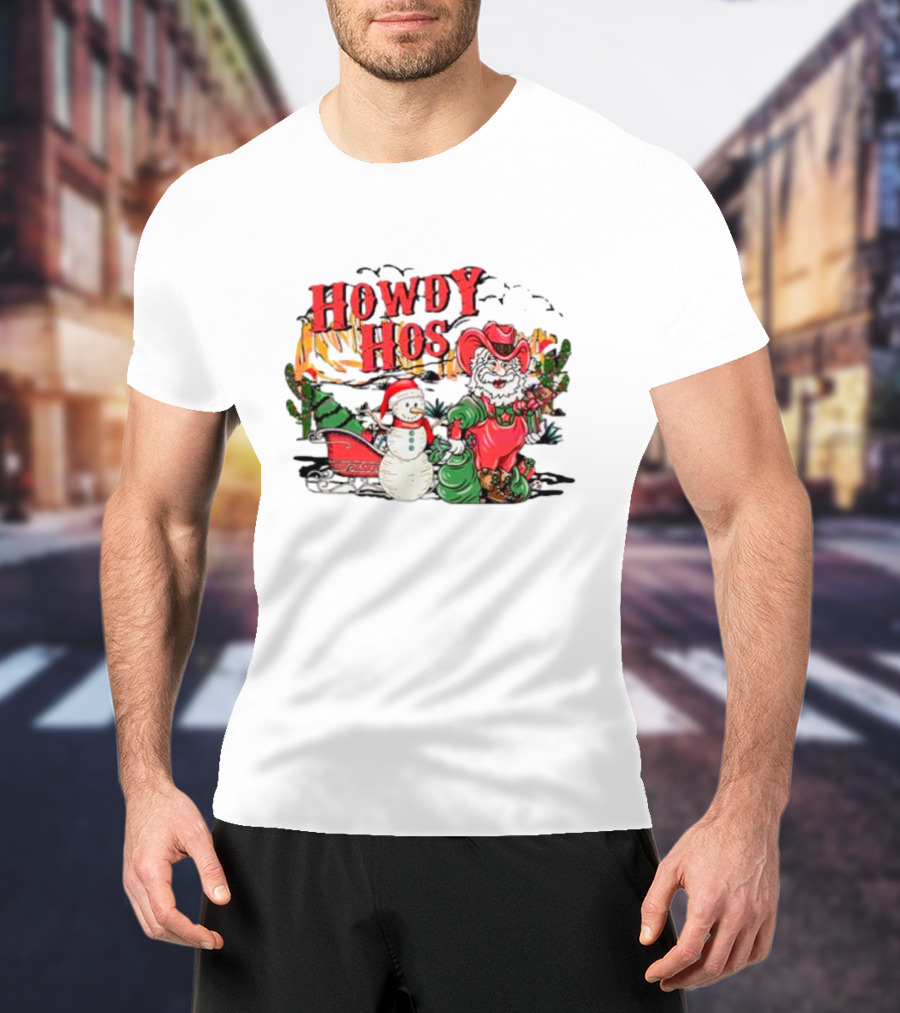 Howdy Hos Santa Snowman Sled Cowboy Christmas Scene T-Shirt