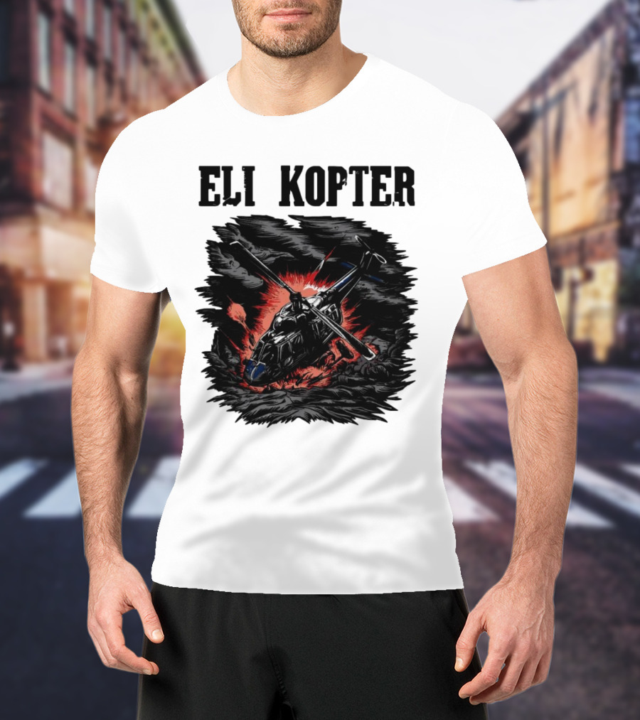Eli Kopter Helicopter In Stormy Sky With Red Explosion T-Shirt