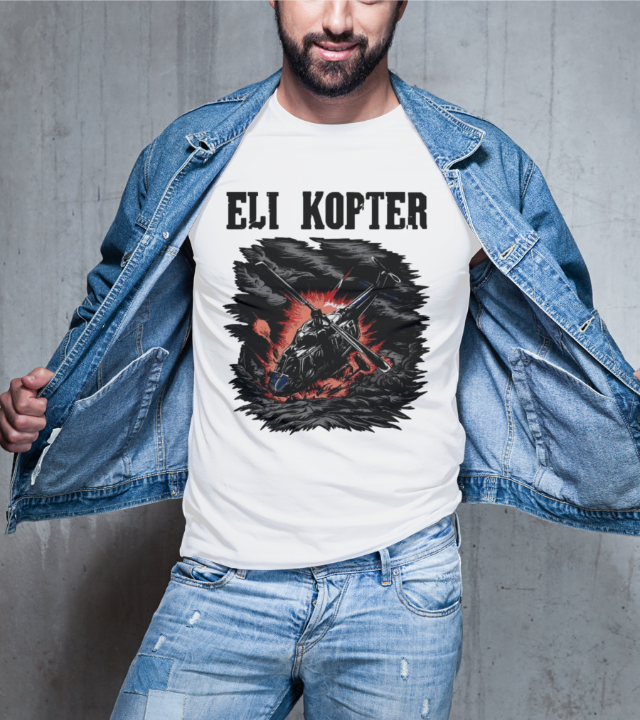 Eli Kopter Helicopter In Stormy Sky With Red Explosion T-Shirt