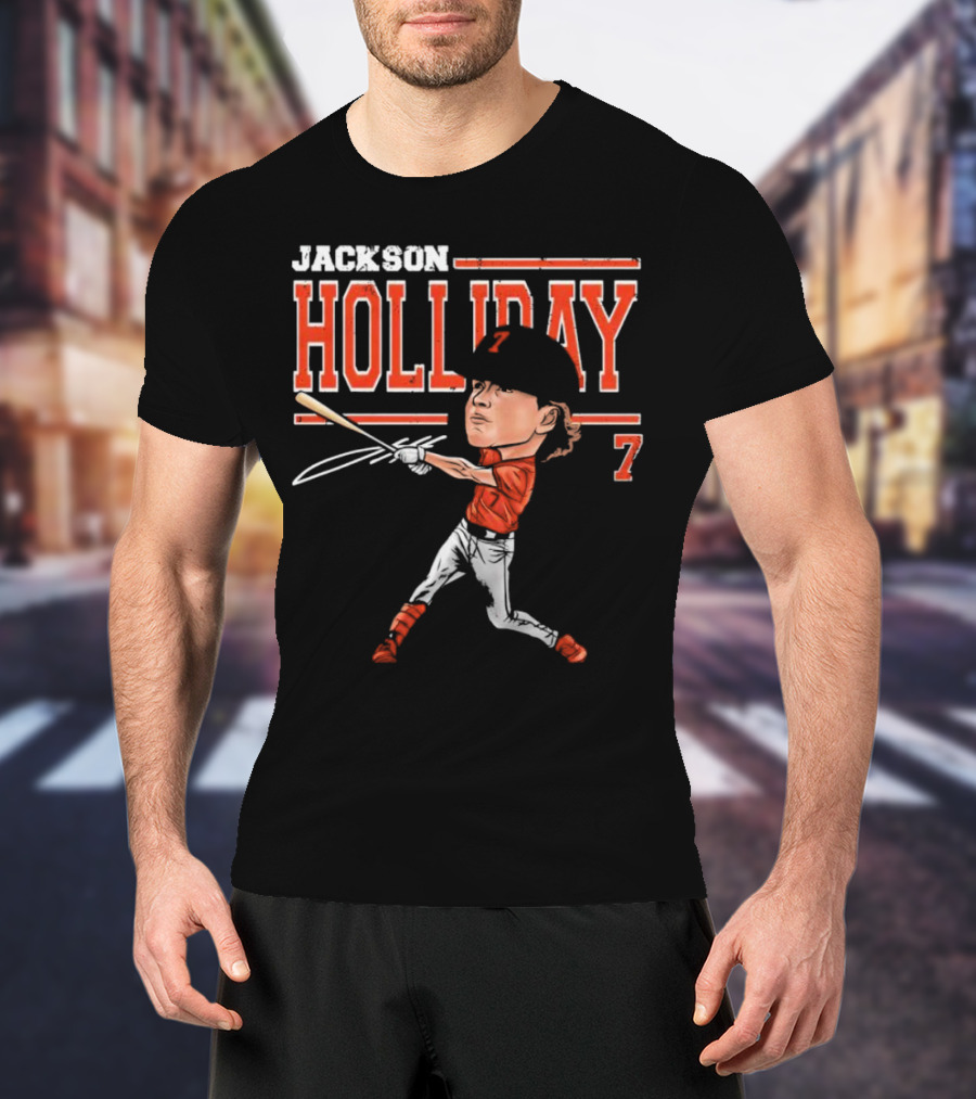 Jackson Holliday Baltimore Orioles Cartoon Batting Stance Number 7 T-Shirt