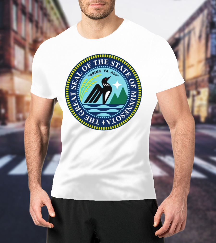 The Great Seal Of The State Of Minnesota Bring Ya Ass Black Bird Mountains Waves Star T-Shirt