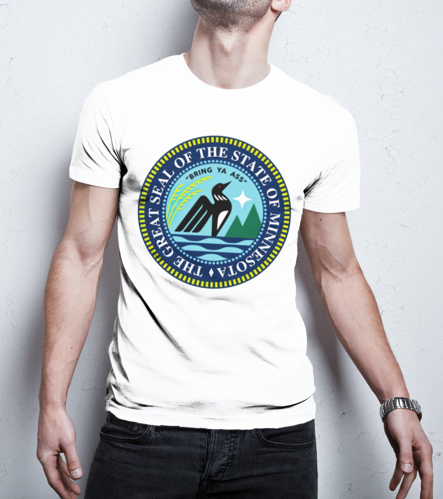 The Great Seal Of The State Of Minnesota Bring Ya Ass Black Bird Mountains Waves Star T-Shirt