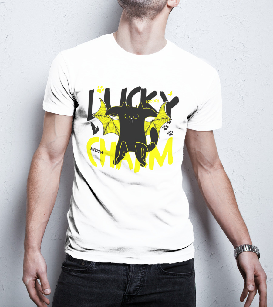Lucky Charm Booo Meoow Bat Cat Halloween Paws T-Shirt