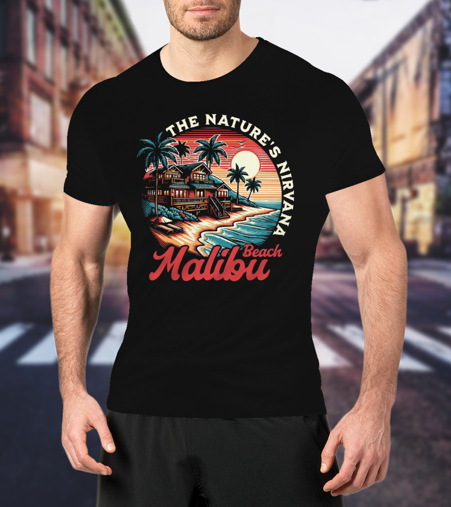 The Nature's Nirvana Malibu Beach Retro Sunset Scene T-Shirt