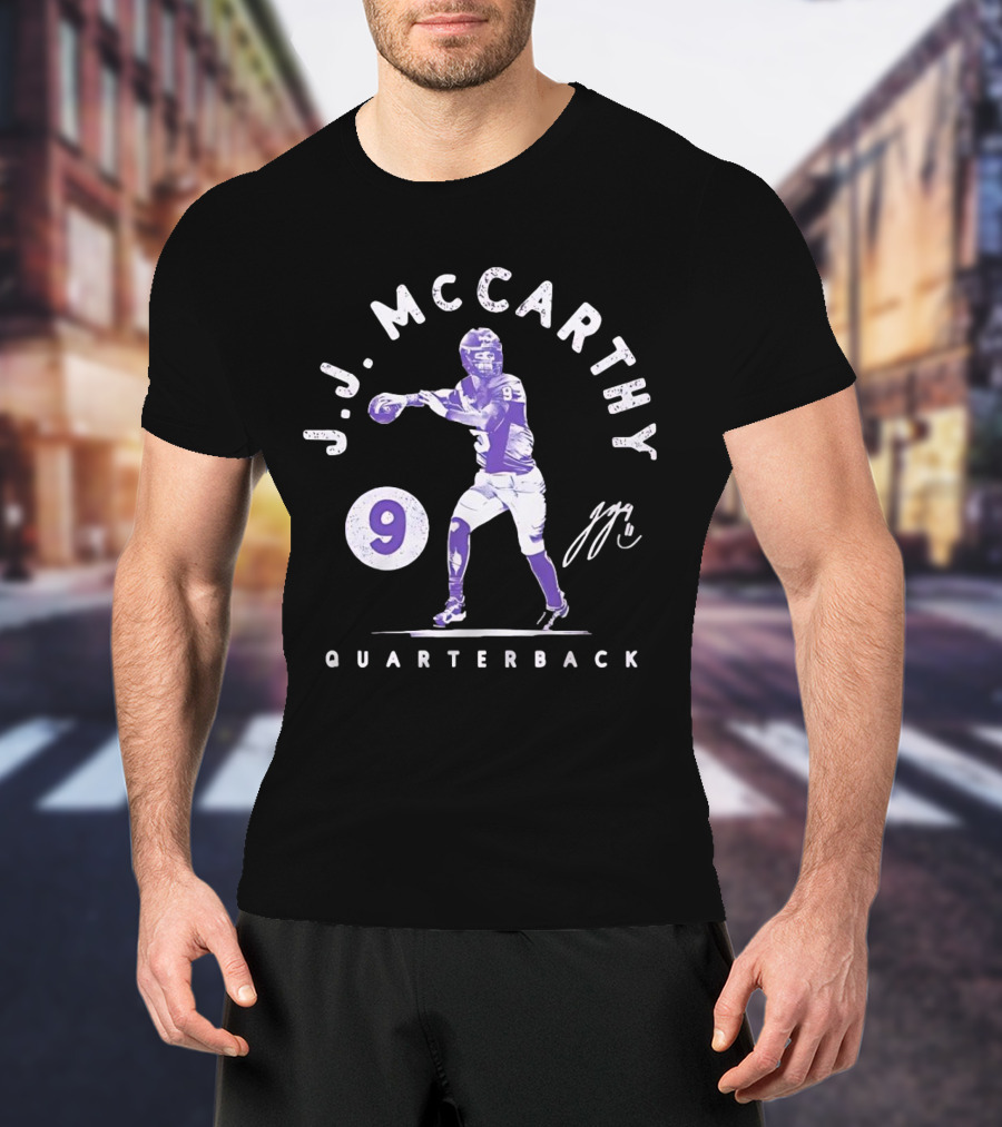 J.J. McCarthy Quarterback 9 Signature Football T-Shirt