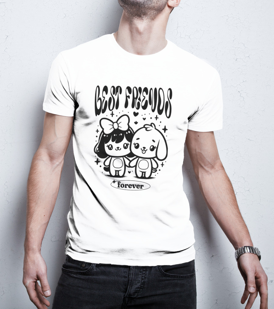 BEST FRIENDS FOREVER Cute Cartoon Characters Holding Hands With Hearts And Stars T-Shirt