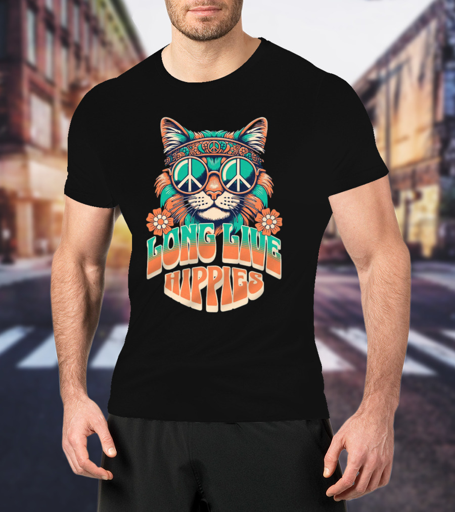 Long Live Hippies Cat With Peace Sign Glasses And Flowers T-Shirt
