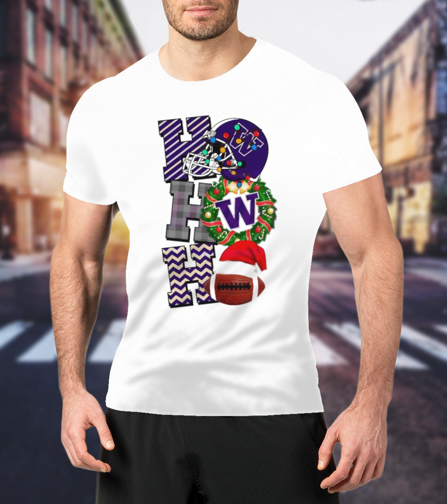 Washington Huskies Football Christmas Ho Ho Ho Helmet Wreath Ball T-Shirt