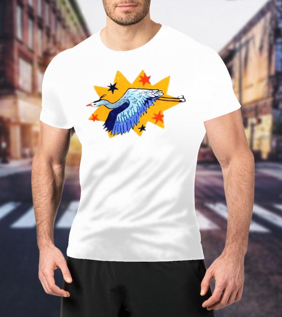 Grey Heron Flying Against Starry Yellow Burst T-Shirt