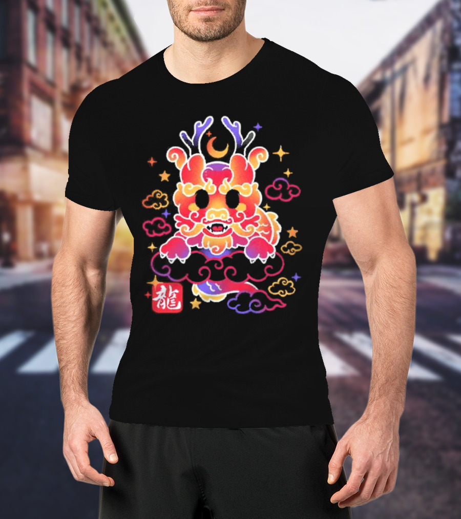 Kawaii Chinese Dragon With Colorful Clouds And Stars Asian Aesthetic T-Shirt