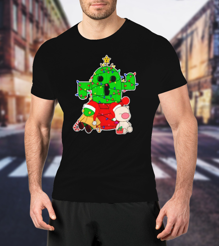 Funny Cactuar Christmas Lights With Moogle And Santa Costumes T-Shirt