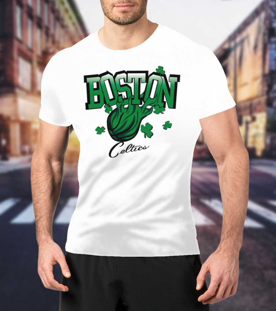 Boston Celtics Vintage Shamrock Basketball Flame T-Shirt