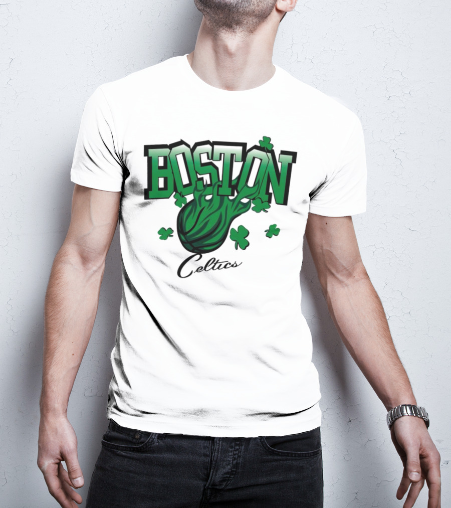 Boston Celtics Vintage Shamrock Basketball Flame T-Shirt