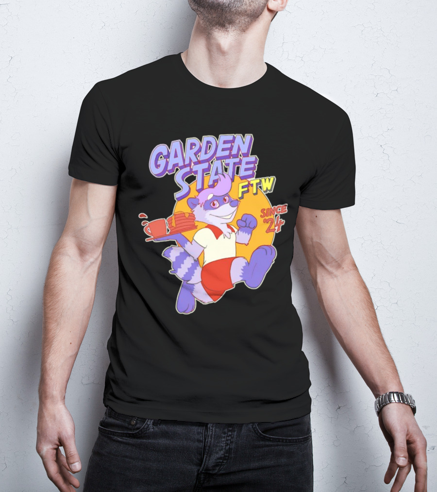 Garden State FTW Since 24 Cartoon Raccoon Serving Pancakes T-Shirt