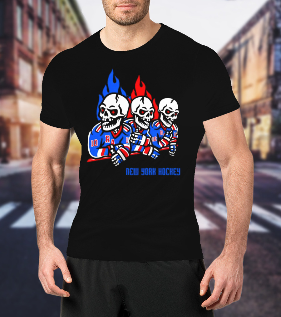 New York Rangers Skeleton Hockey Flames T-Shirt