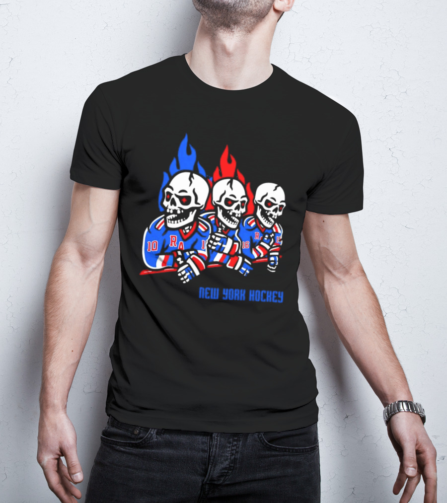 New York Rangers Skeleton Hockey Flames T-Shirt