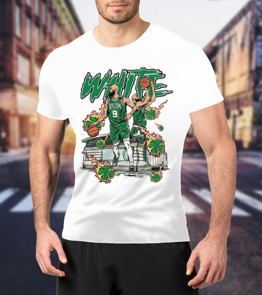 Boston Celtics White 9 Basketball Player With Shamrocks And Basketball Court T-Shirt