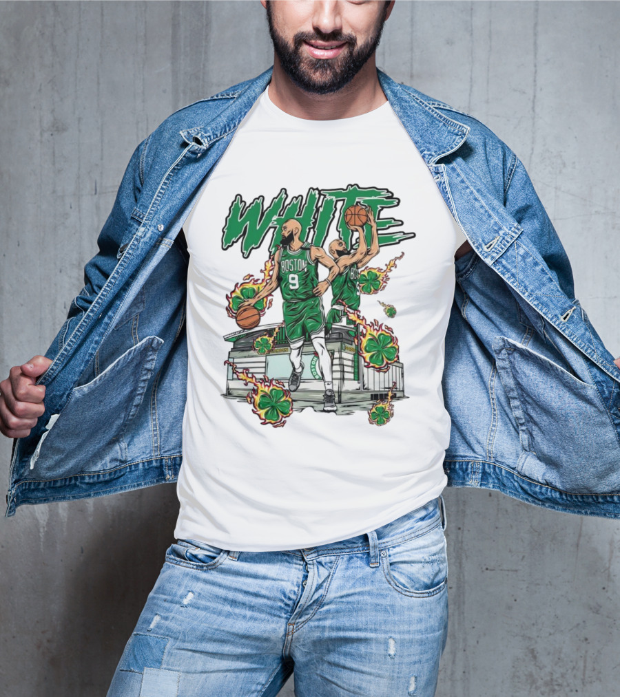Boston Celtics White 9 Basketball Player With Shamrocks And Basketball Court T-Shirt