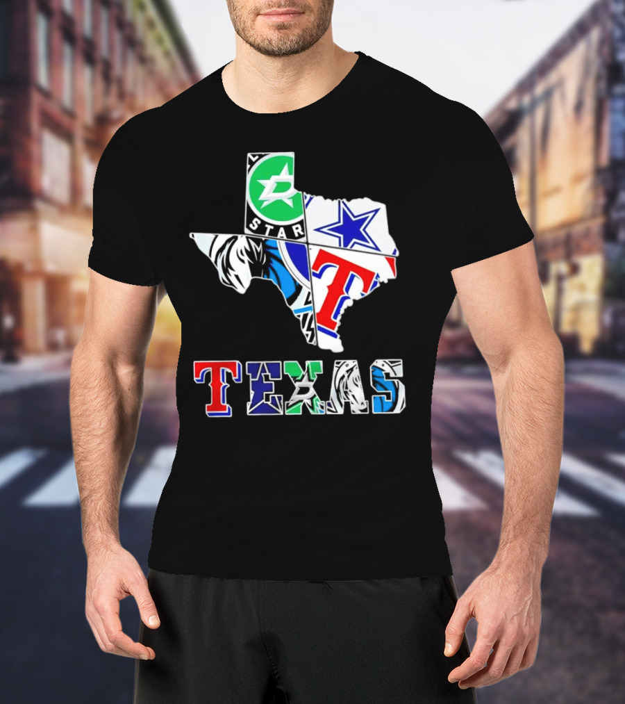 Dallas Hockey Cowboys Rangers Mavericks Texas Map T-Shirt