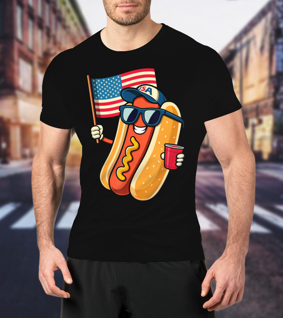 Fourth Of July USA Hotdog With American Flag And Sunglasses T-Shirt