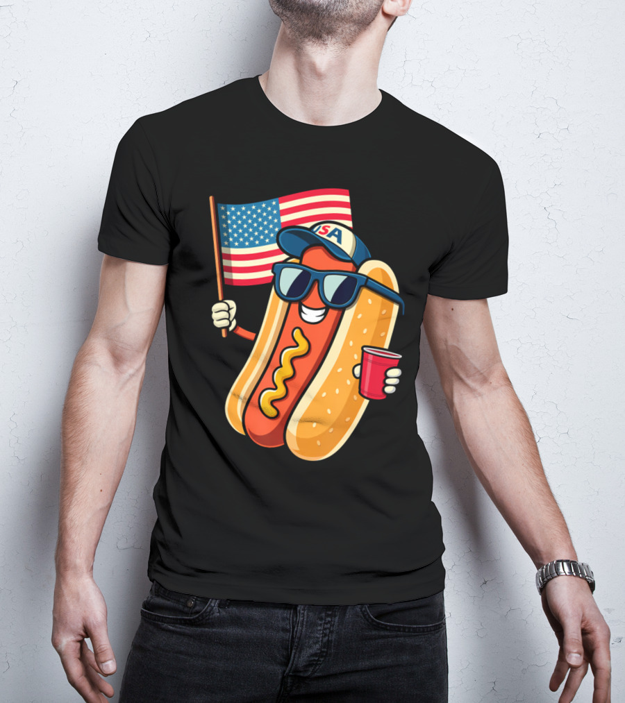 Fourth Of July USA Hotdog With American Flag And Sunglasses T-Shirt