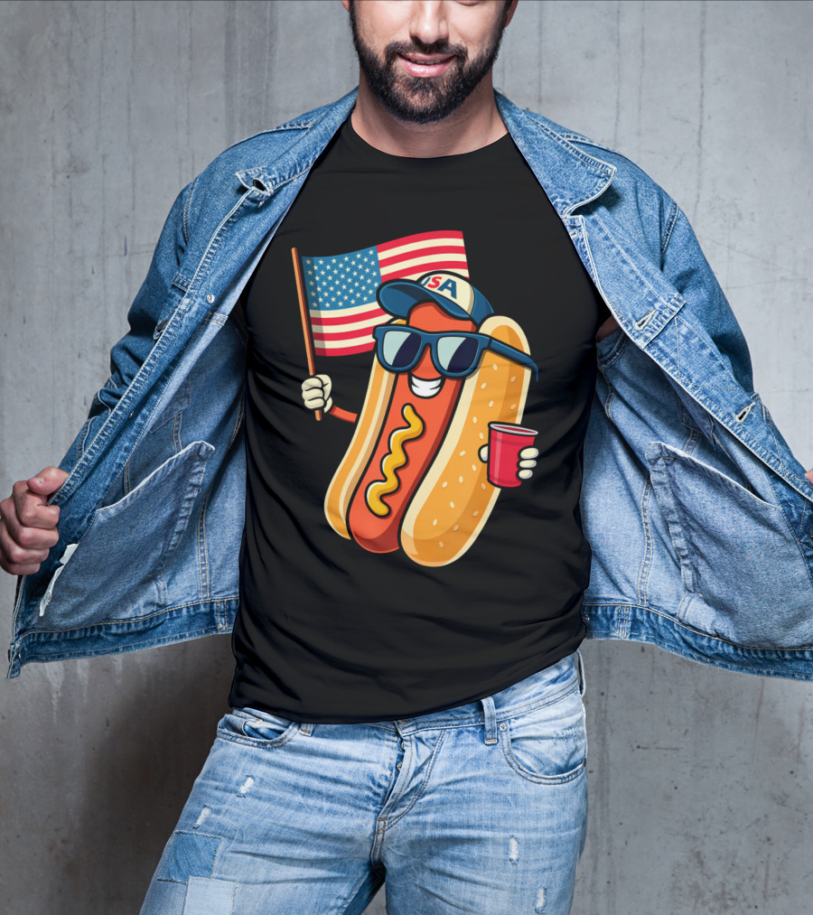 Fourth Of July USA Hotdog With American Flag And Sunglasses T-Shirt
