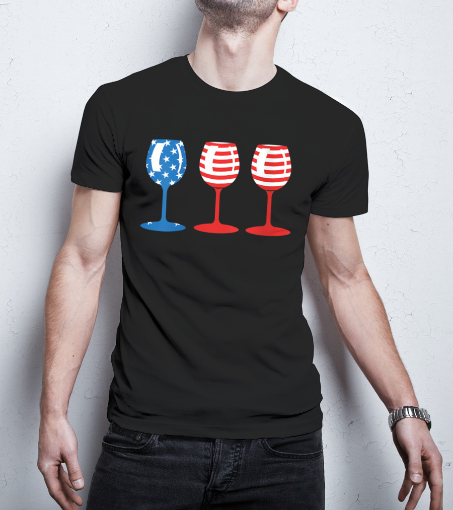 American Flag Fourth Of July Wine Glass Trio Stars And Stripes Patriotic T-Shirt