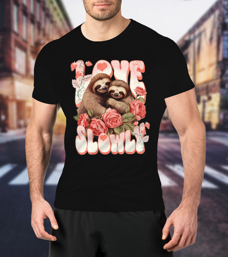 Love Slowly Sloth Couple Romance Valentine Heart Roses T-Shirt