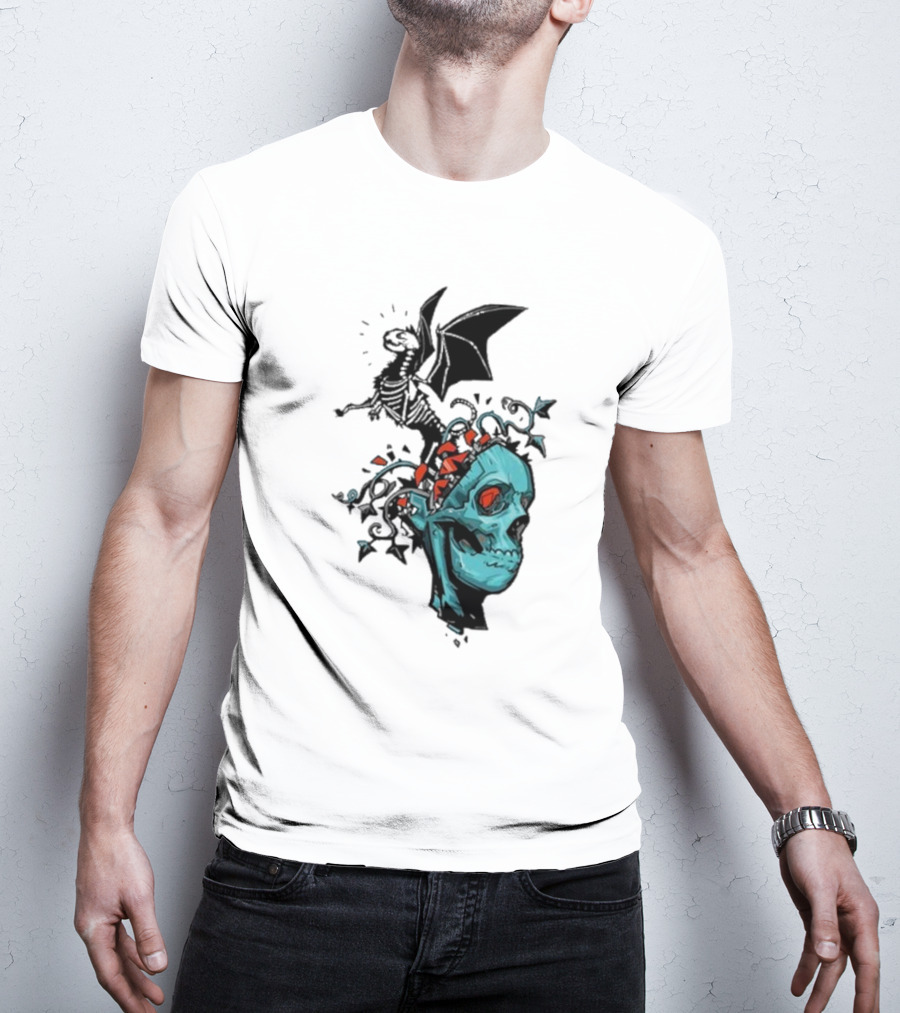 Scott Buoncristiano Skeleton Head With Dragon And Red Accents T-Shirt