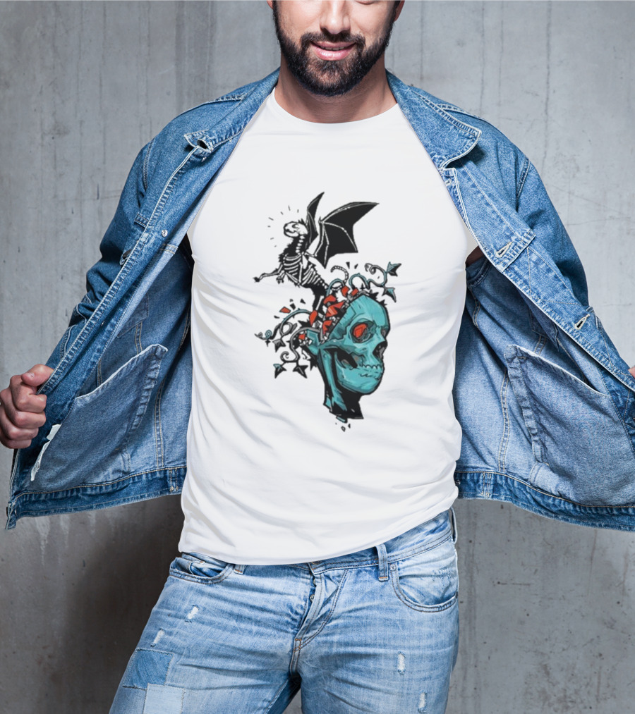 Scott Buoncristiano Skeleton Head With Dragon And Red Accents T-Shirt