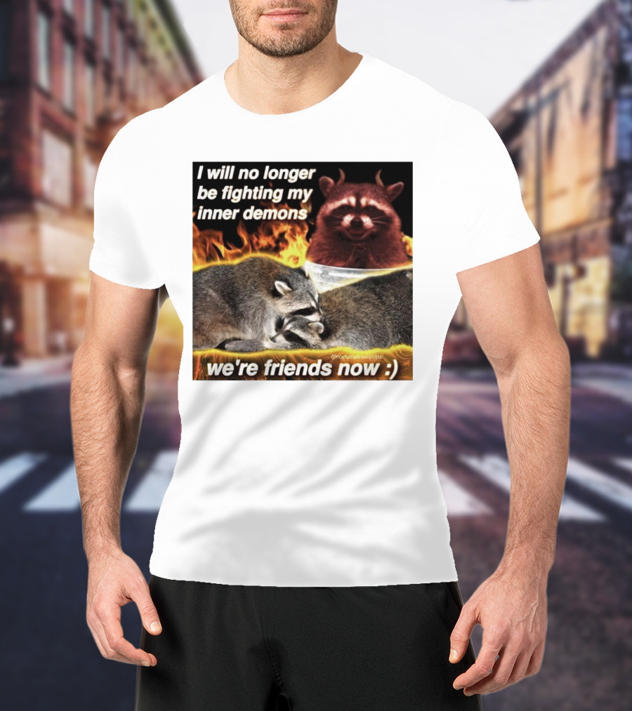 I Will No Longer Be Fighting My Inner Demons Raccoon Fire We're Friends Now T-Shirt