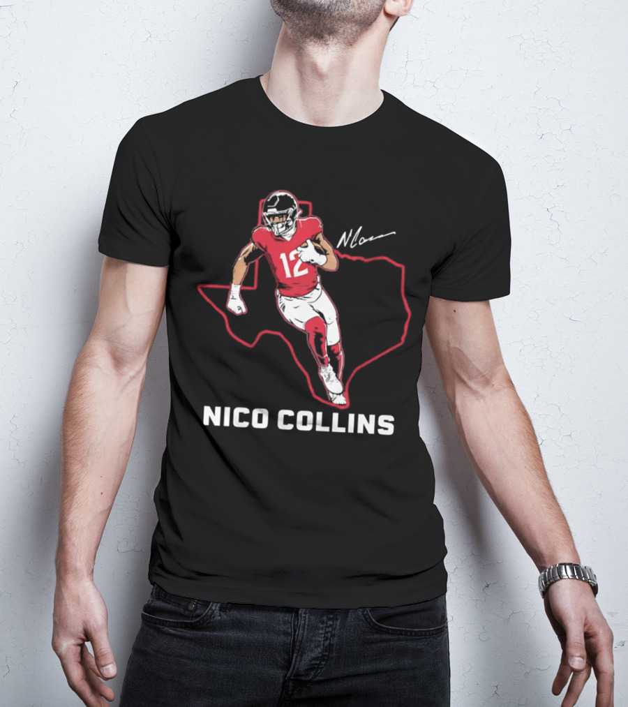 Nico Collins 12 Houston Texans State Outline Signature T-Shirt