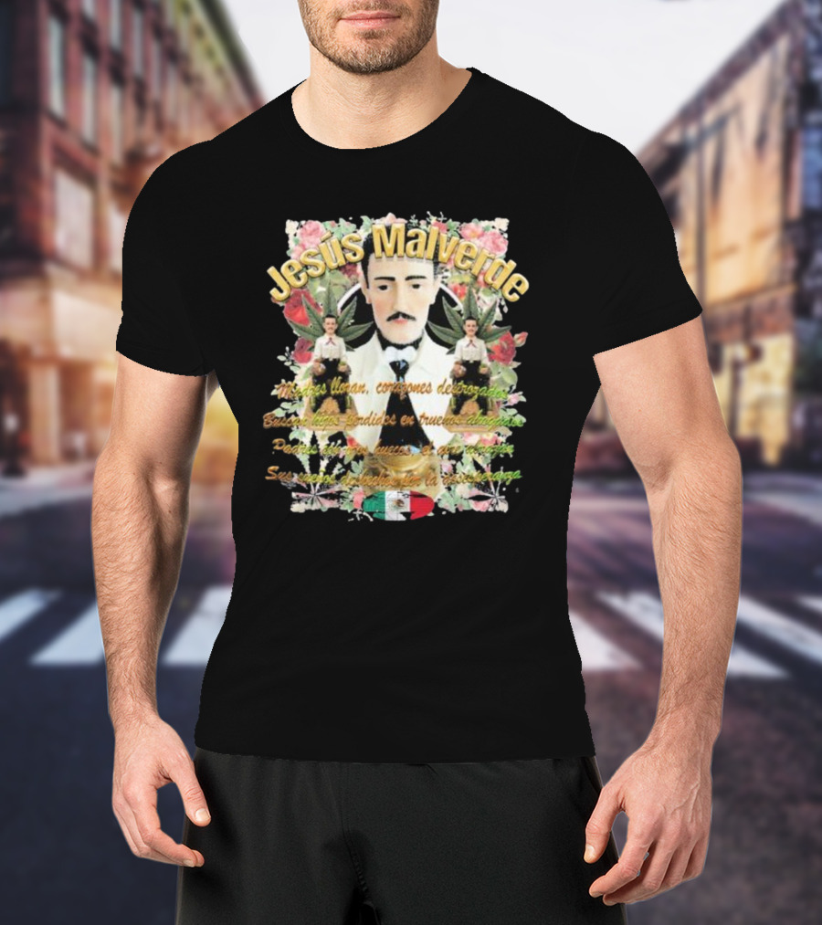 Jesús Malverde Iconic Figure With Flowers And Mexican Flag T-Shirt