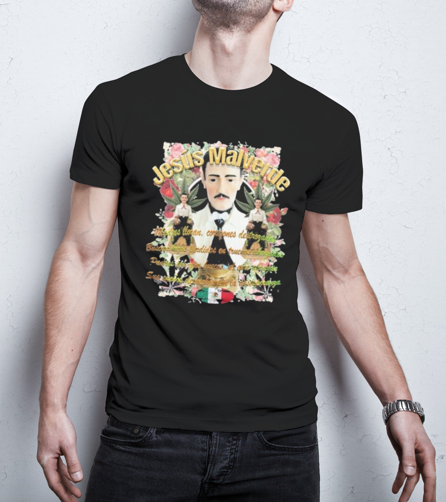 Jesús Malverde Iconic Figure With Flowers And Mexican Flag T-Shirt