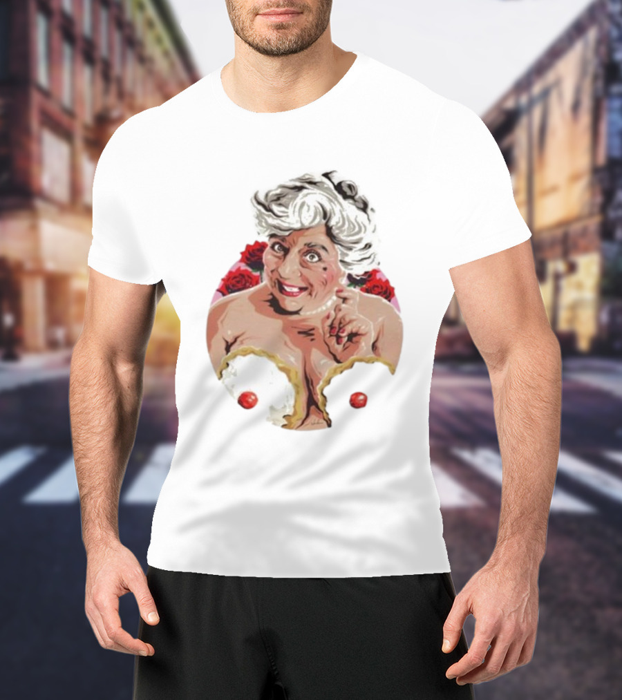 Nordacious Miriam Margolyes Humorous Portrait With Cakes And Roses T-Shirt