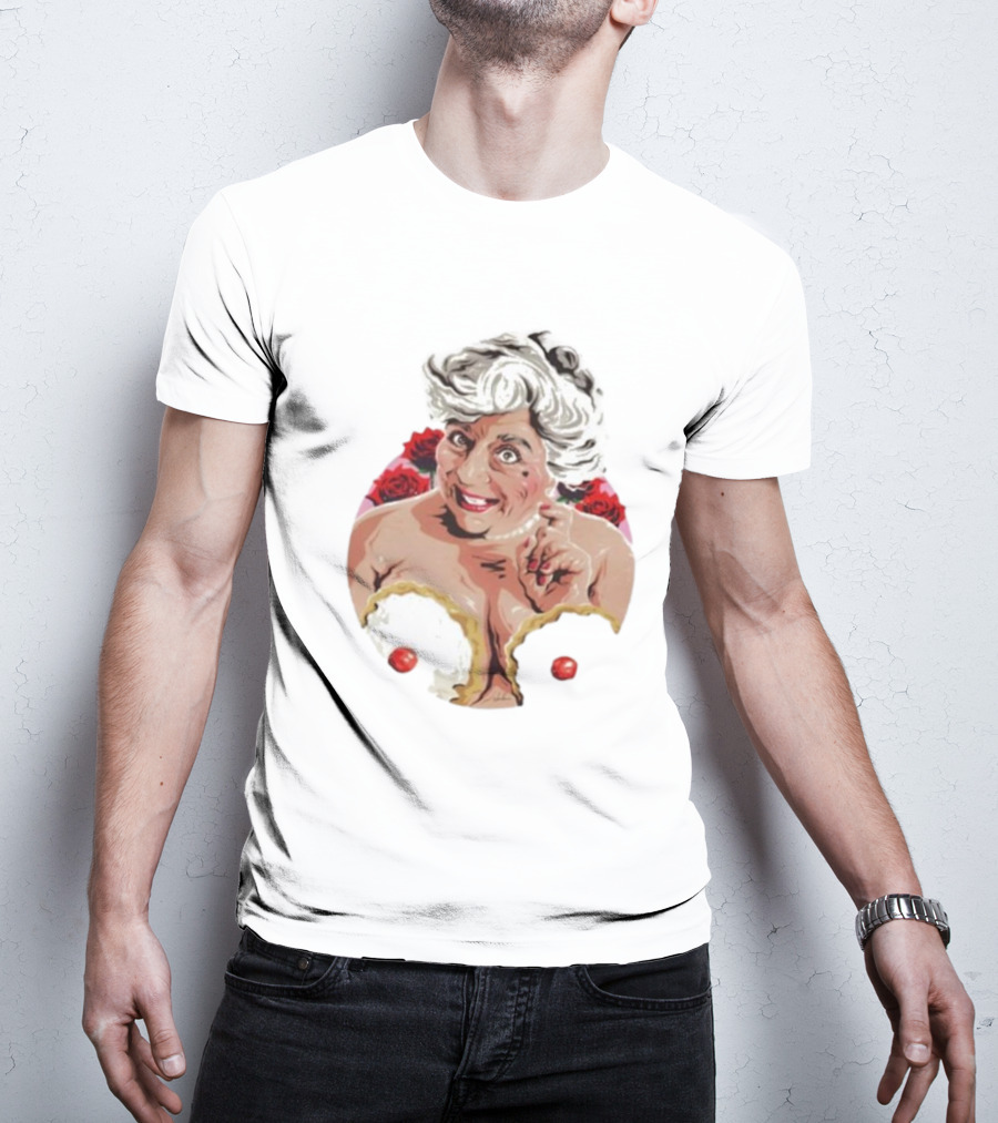 Nordacious Miriam Margolyes Humorous Portrait With Cakes And Roses T-Shirt