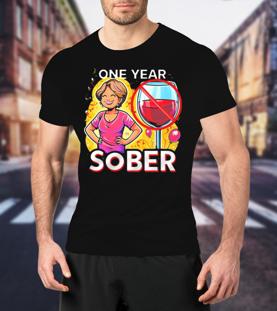 One Year Sober Celebration With Joyful Woman And No Wine T-Shirt