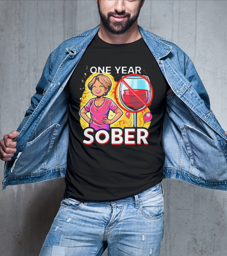 One Year Sober Celebration With Joyful Woman And No Wine T-Shirt