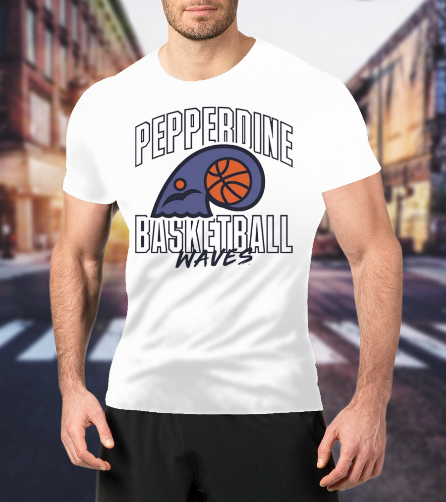 Pepperdine Waves Basketball Logo With Orange Basketball And Wave T-Shirt