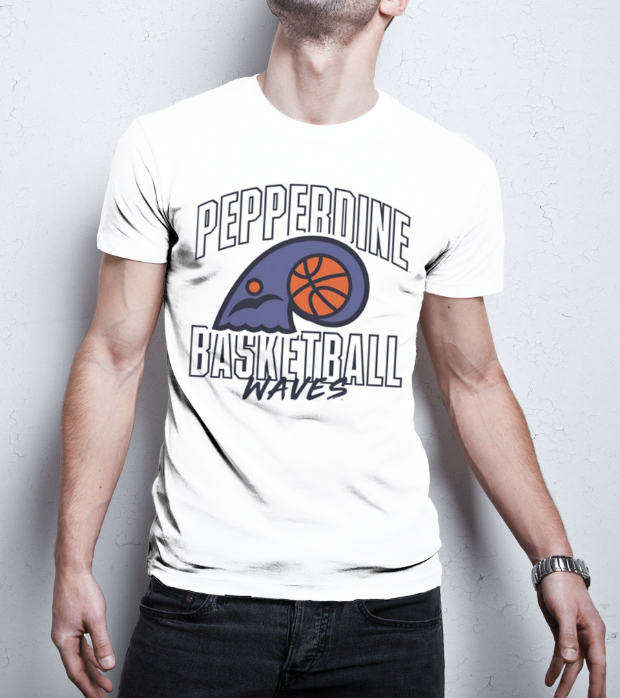 Pepperdine Waves Basketball Logo With Orange Basketball And Wave T-Shirt