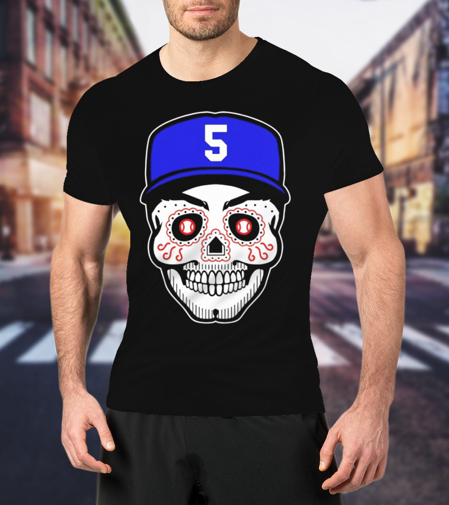 Freddie Freeman Sugar Skull Design Los Angeles Dodgers Number 5 Baseball Cap T-Shirt