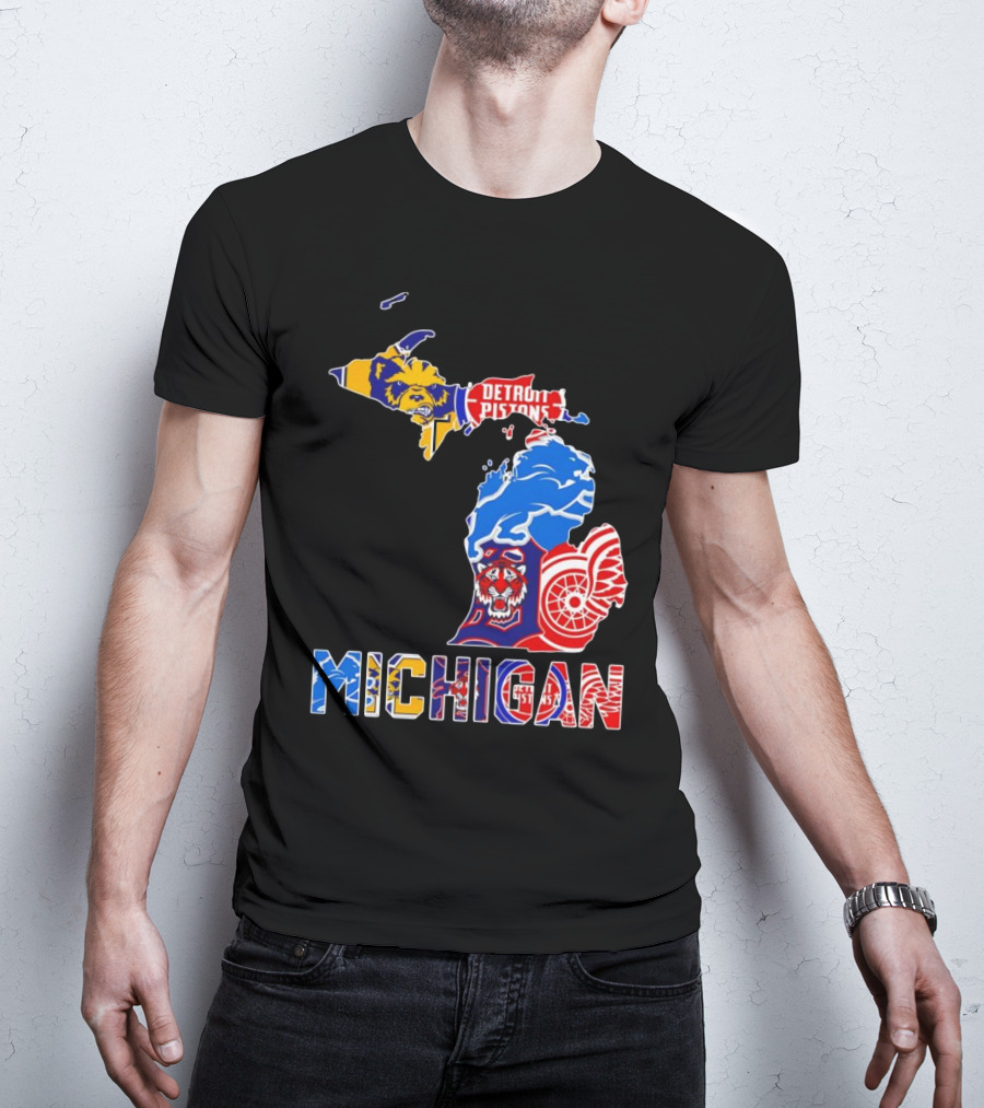 Michigan Sports Teams Logos Map Detroit Pistons Lions Tigers Red Wings T-Shirt