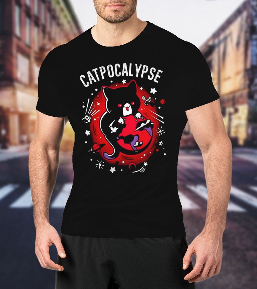 Catpocalypse Red Cat Holding Earth Surrounded By Space Elements T-Shirt