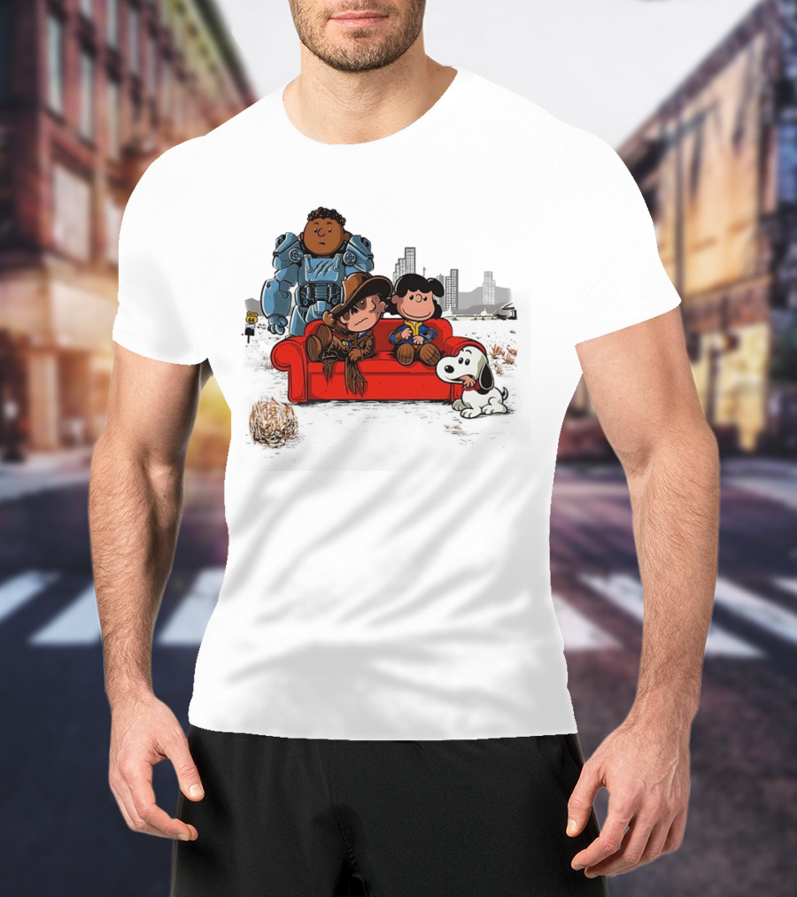 Peanuts Characters On Red Couch With Fallout Power Armor In Apocalypse Scene T-Shirt