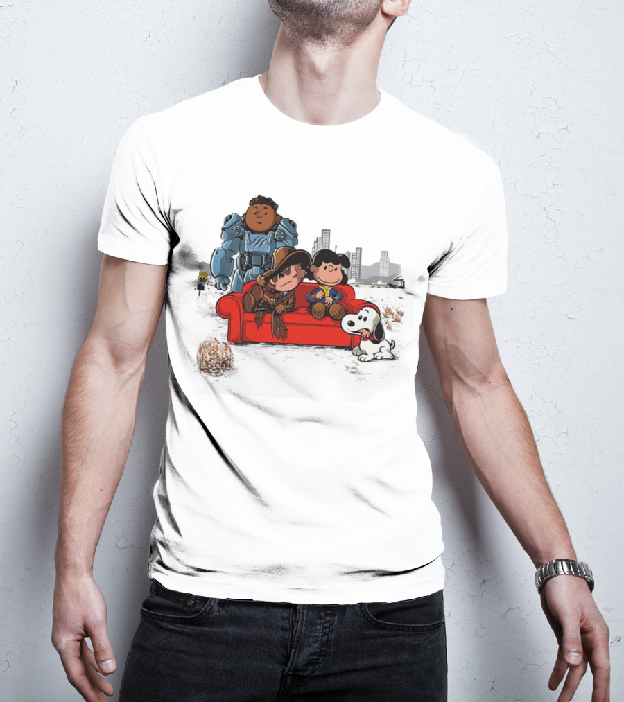 Peanuts Characters On Red Couch With Fallout Power Armor In Apocalypse Scene T-Shirt