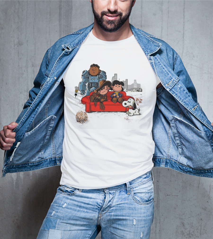 Peanuts Characters On Red Couch With Fallout Power Armor In Apocalypse Scene T-Shirt