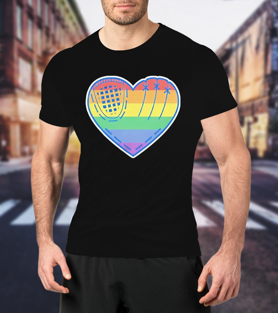 Pride Rainbow Striped Baseball Glove Heart T-Shirt